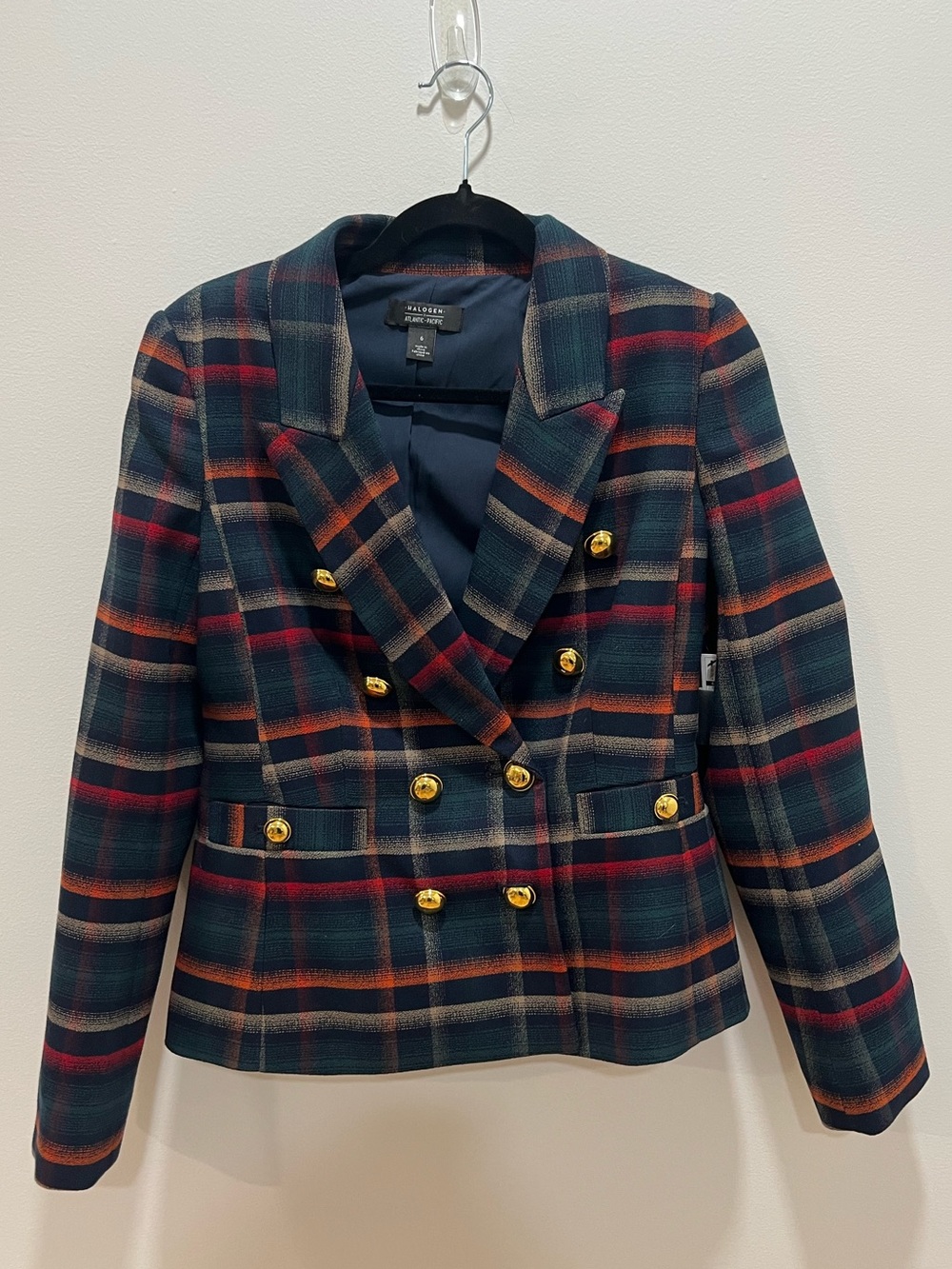 Halogen Navy and Green Plaid Double-Breasted Blazer with Gold Buttons